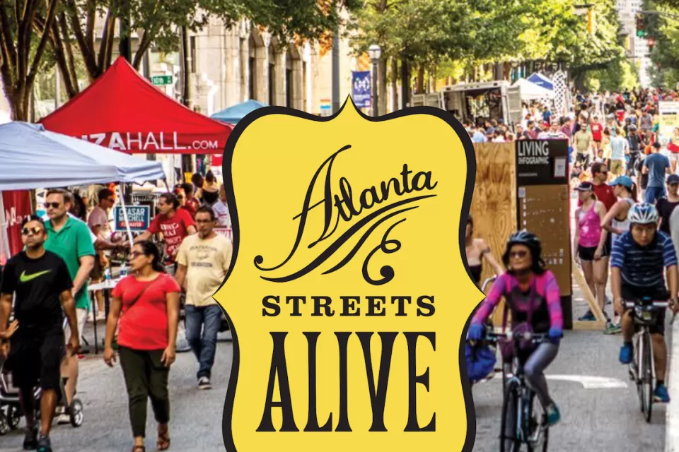 Photo of people biking and walking on pedestrianized street with superimposed yellow Atlanta Streets Alive logo in center.